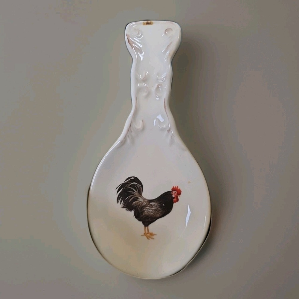 Cracker Barrel Black Rooster Ceramic Spoon Rest Antique White Farmhouse Cottage